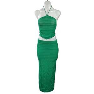 AFRM Green Halter Open Knit Sleeveless Crop Top Midi Skirt Two Piece Set Size S